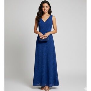 CDC Vintage Floral Blue Sleeveless V-Neck‎ Maxi Dress